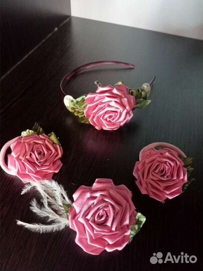 Ободок, резинки для волос и брошка ручной работы