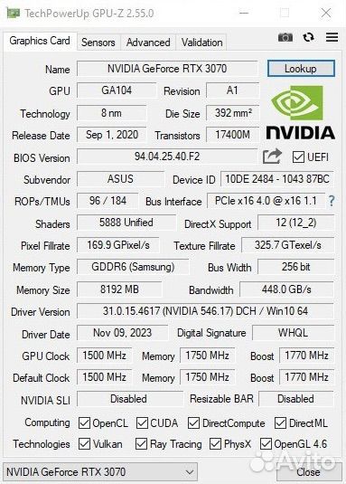 Asus RTX 3070 Dual 8GB (Samsung)