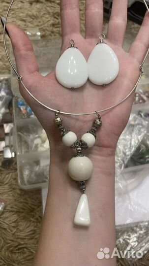 Колье и серьги серебро кахолонг СССР
