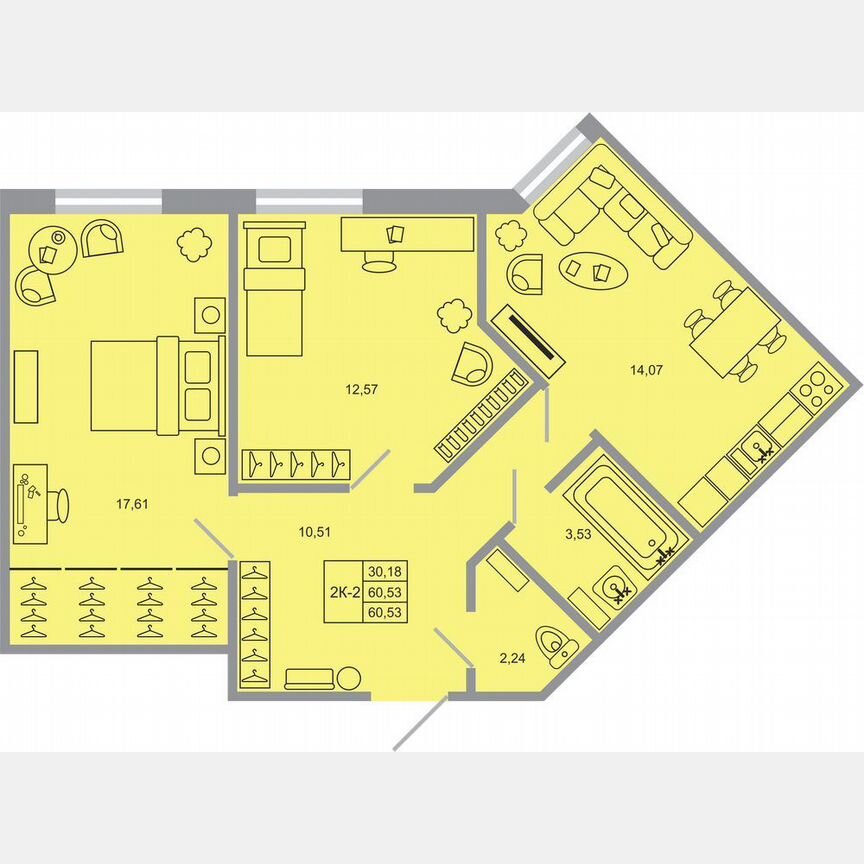 2-к. квартира, 60,5 м², 4/17 эт.