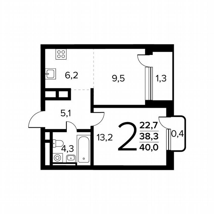 2-к. квартира, 40 м², 6/14 эт.