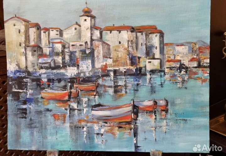 Картина маслом, Средиземноморье, бухта, лодки