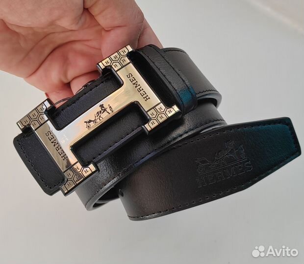 Ремень мужской hermes с чёрной гравировкой