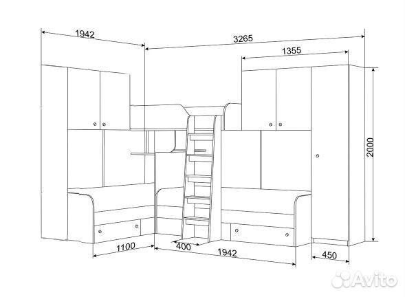 Кровать двухъярусная со шкафом/П и антресолями Бел