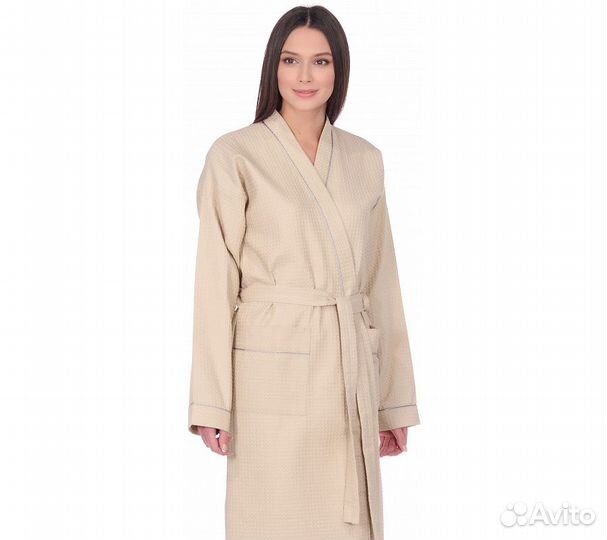 Халат вафельный Home One с кантом бежевый 48