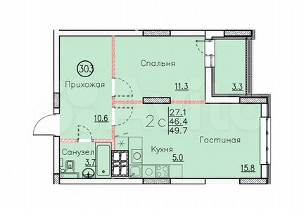 Своб. планировка, 49,7 м², 16/25 эт.