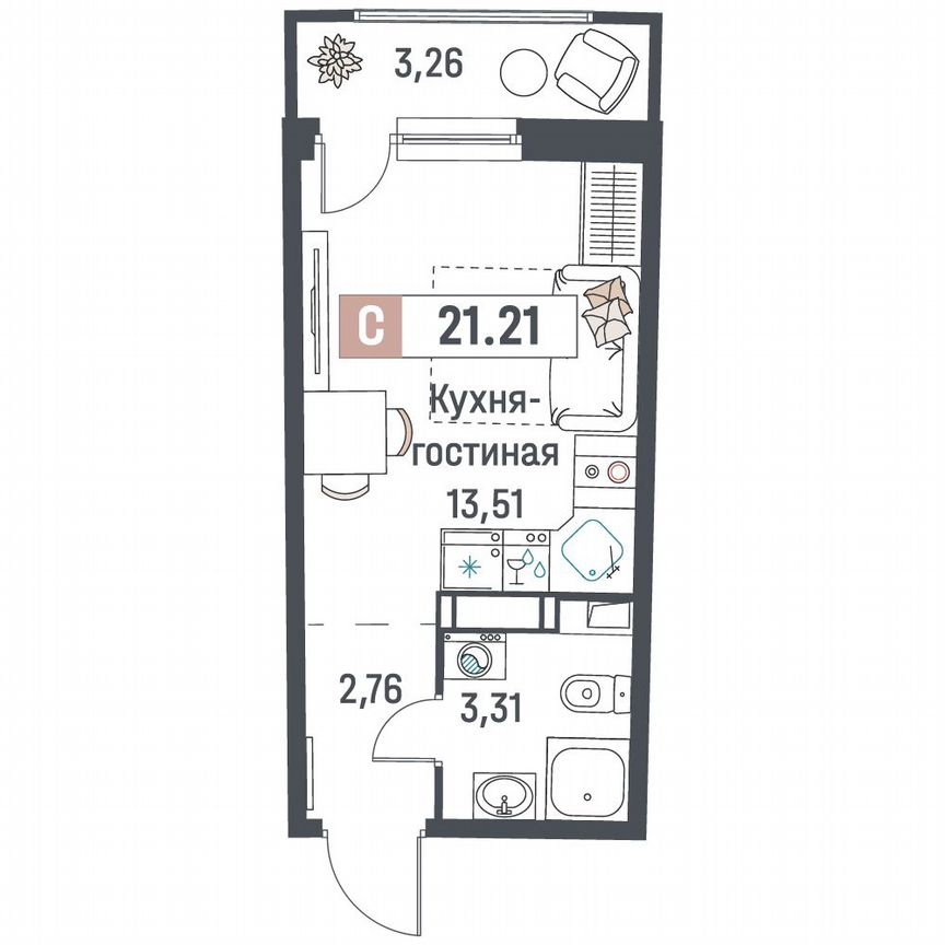 Квартира-студия, 21,2 м², 18/18 эт.
