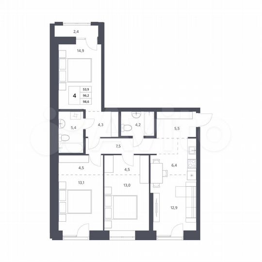 4-к. квартира, 96,2 м², 2/25 эт.