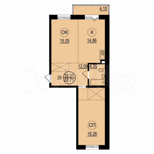 2-к. квартира, 69,1 м², 1/6 эт.