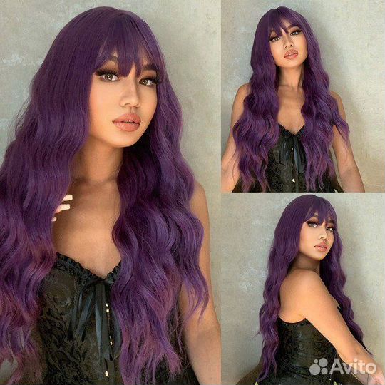 Длинный фиолетовый парик без челки