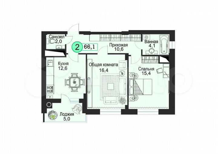 2-к. квартира, 66,1 м², 5/8 эт.