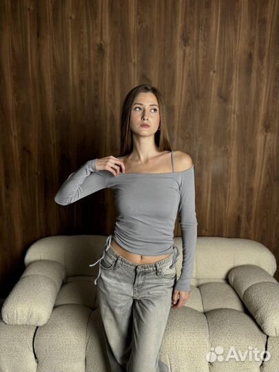 Лонгслив двойка с длинными рукавами и топом серый (S)