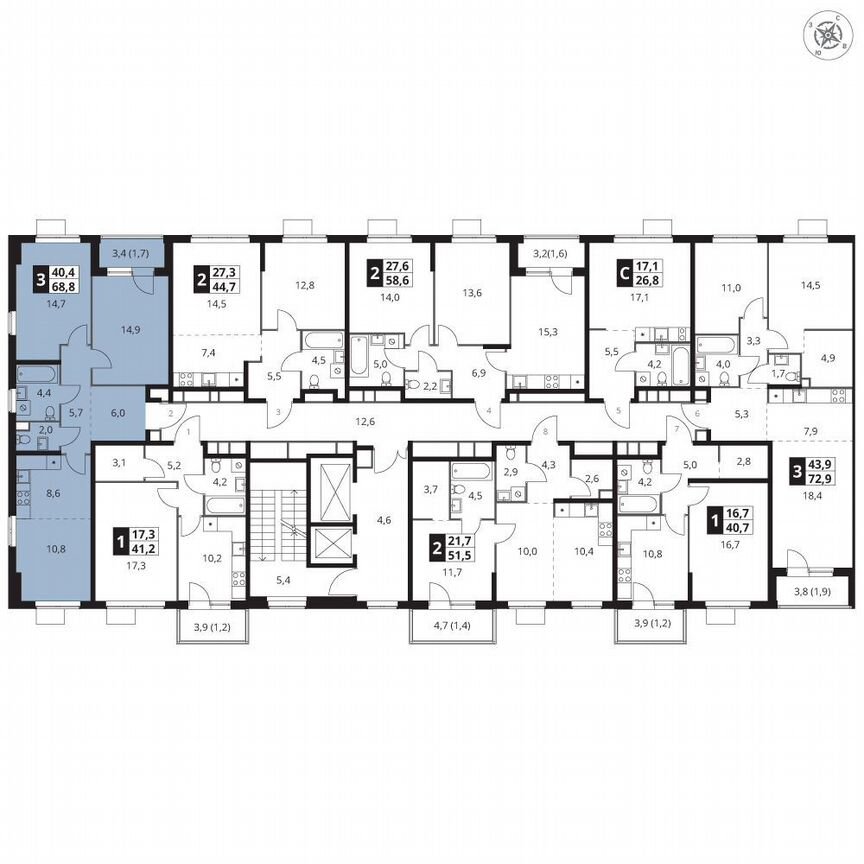 2-к. квартира, 68,8 м², 3/12 эт.