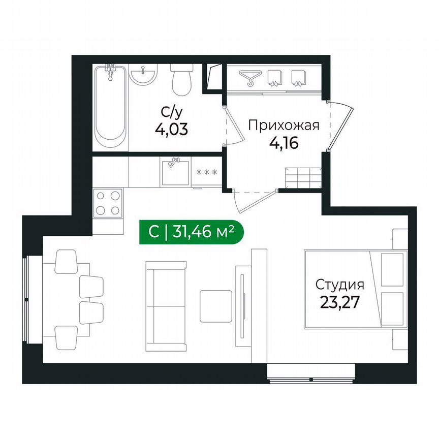 Квартира-студия, 31,5 м², 1/8 эт.