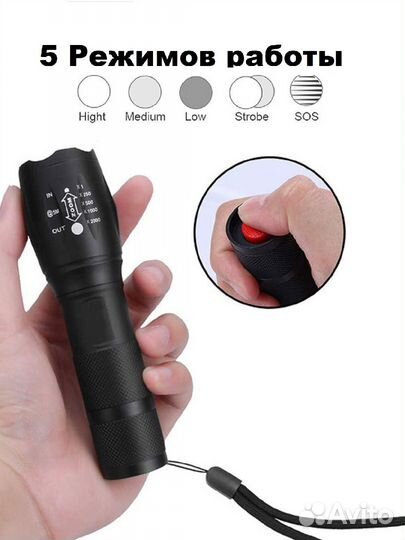 Фонарик ручной светодиодный аккумуляторный с зумом