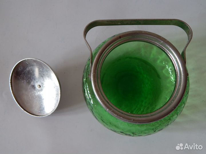 Сахарница с крышкой зелёное стекло. Редкая