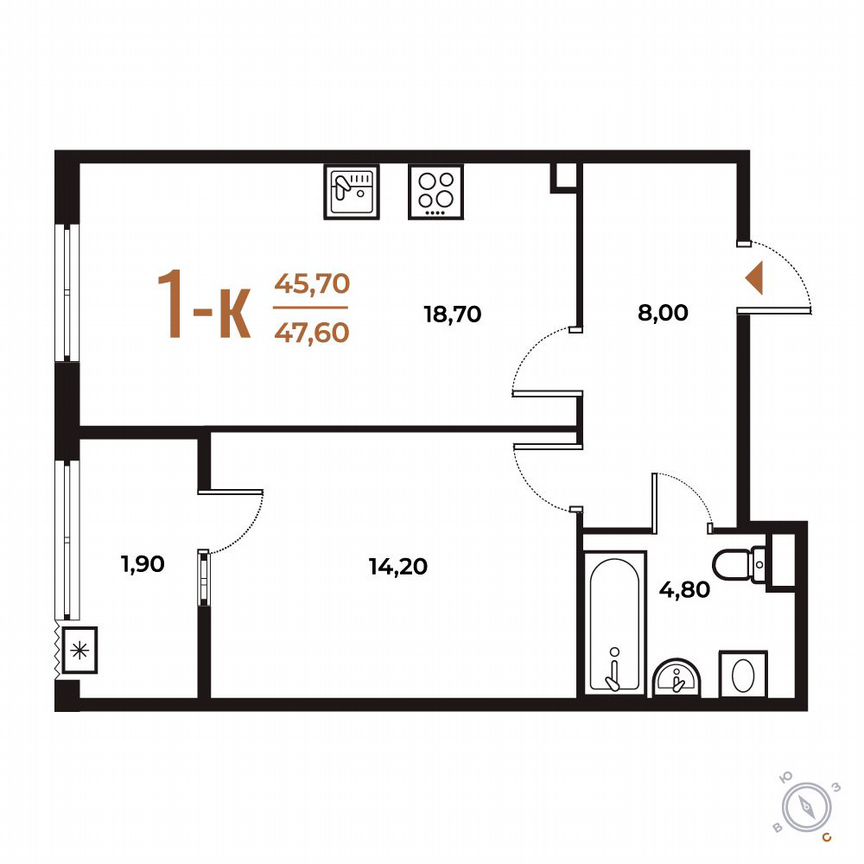 1-к. квартира, 47,6 м², 2/8 эт.