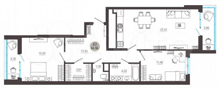 3-к. квартира, 85 м², 7/18 эт.