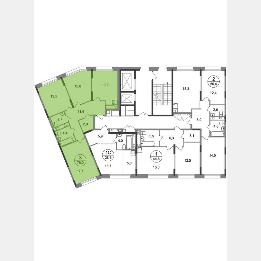 3-к. квартира, 78 м², 2/17 эт.