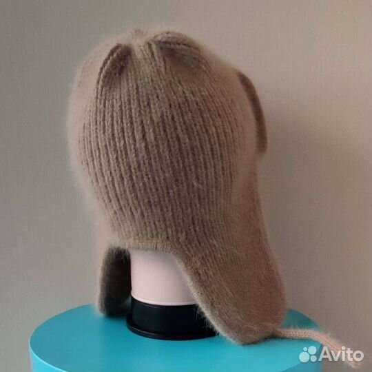 Вязанная шапка-ушанка из пуха норки