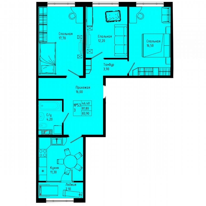 3-к. квартира, 83,9 м², 3/8 эт.