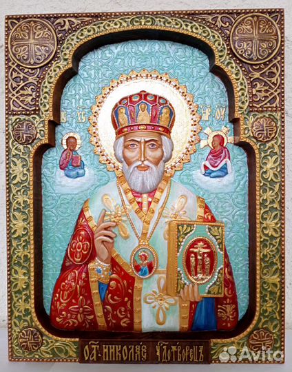 Икона резная «Николай Чудотворец» массив Бук