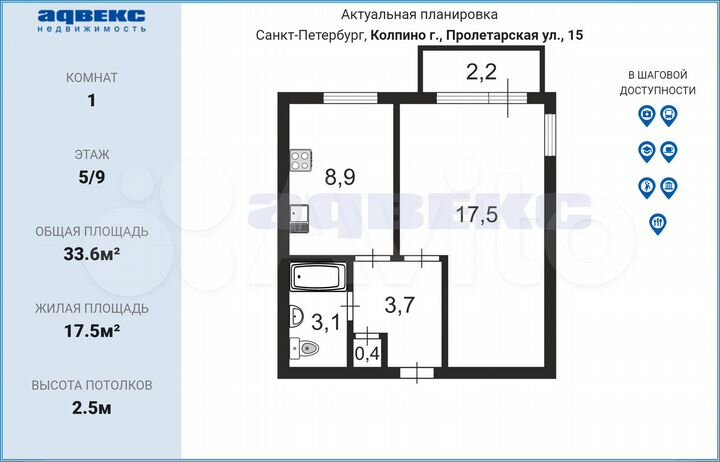 1-к. квартира, 33,6 м², 5/9 эт.