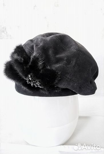 Шапка берет натуральная кожа, мех норки