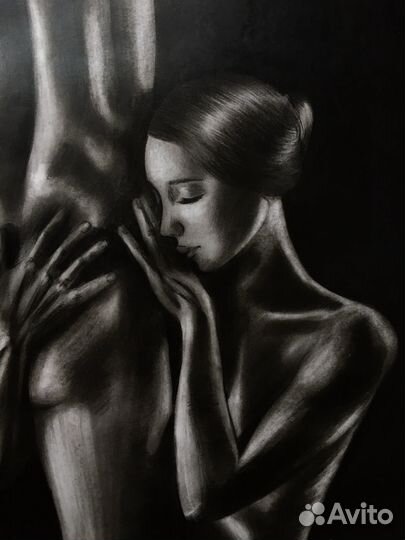 Картина уголь бумага 42х60см А2 девушки ню