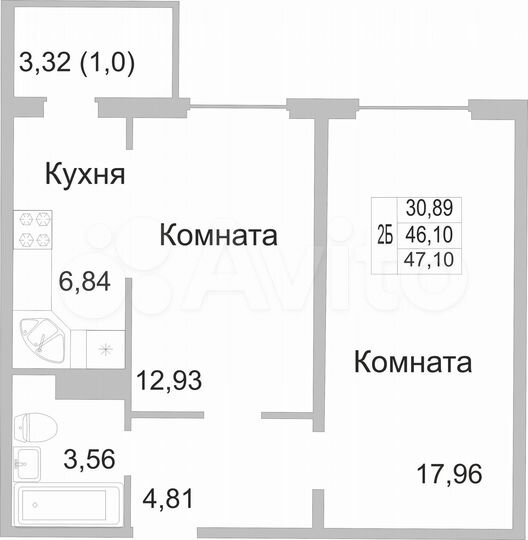 2-к. квартира, 47,1 м², 5/9 эт.