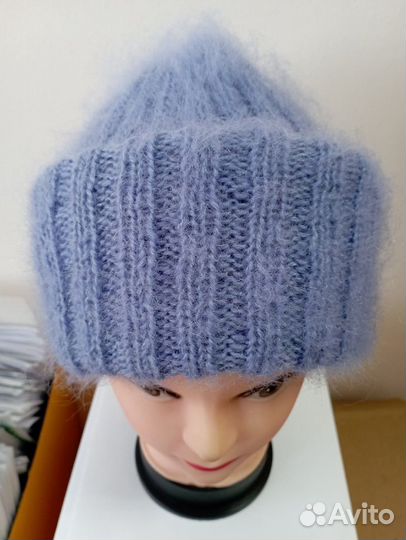 Голубая мохеровая шапка такори ручн работа