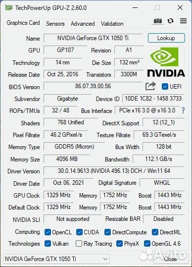 Gigabyte GTX 1050 Ti WindForce X2 OC 4G