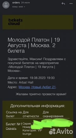 Билет на концерт молодого платона