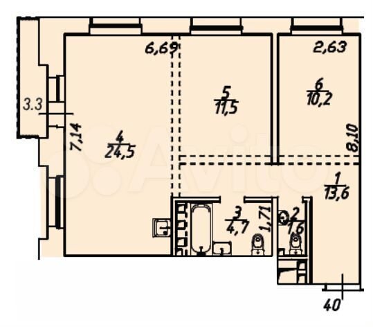 2-к. квартира, 69,4 м², 5/12 эт.
