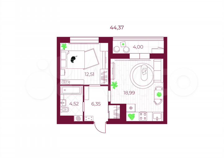 1-к. квартира, 44,4 м², 1/10 эт.