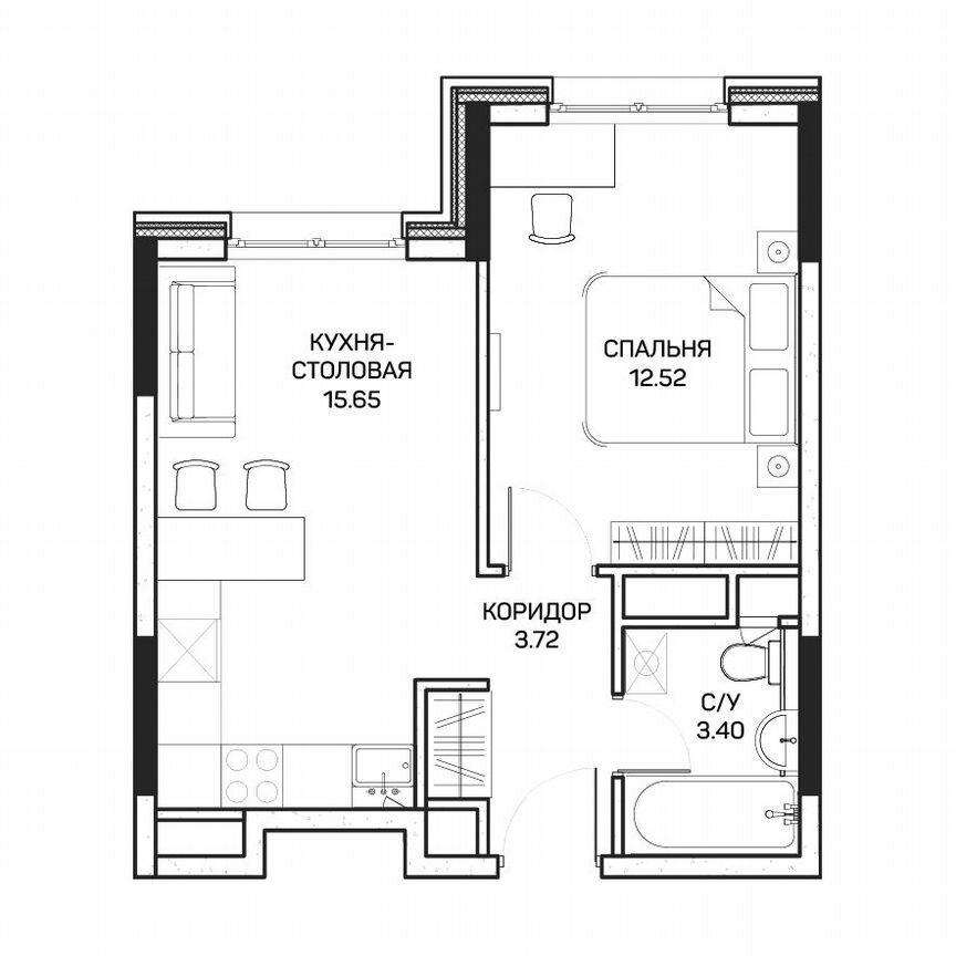 1-к. апартаменты, 35,6 м², 8/8 эт.