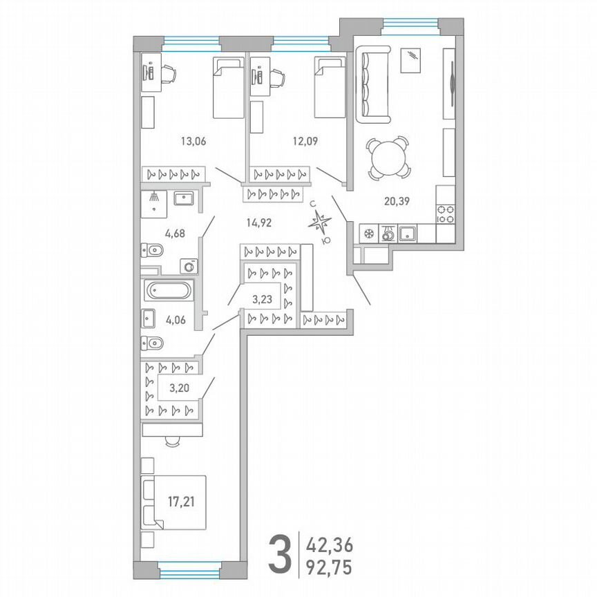 3-к. квартира, 92,8 м², 2/10 эт.
