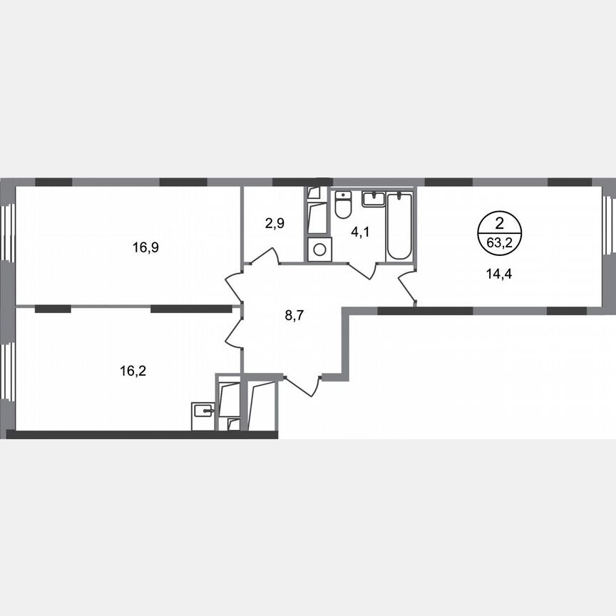 2-к. квартира, 63,2 м², 17/17 эт.