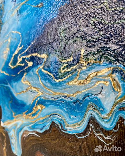 Картина Абстракция флюид арт синий золото