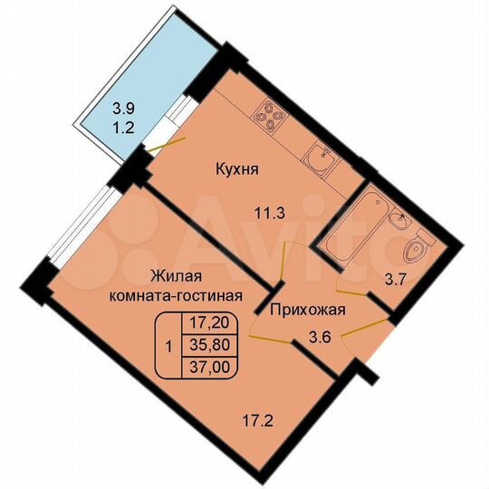 1-к. квартира, 37 м², 1/9 эт.