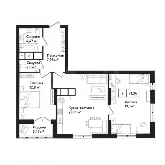2-к. квартира, 71,3 м², 2/25 эт.