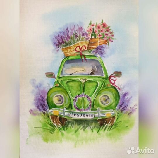 Картина акварель. Зелёная машинка в Провансе