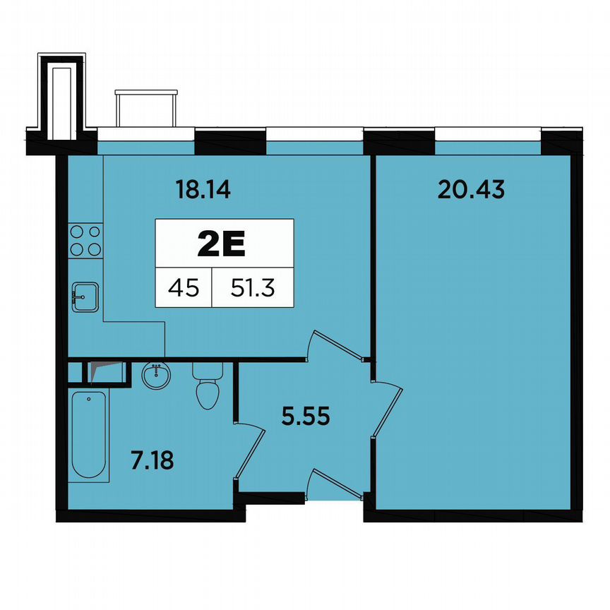 1-к. апартаменты, 51,3 м², 3/18 эт.