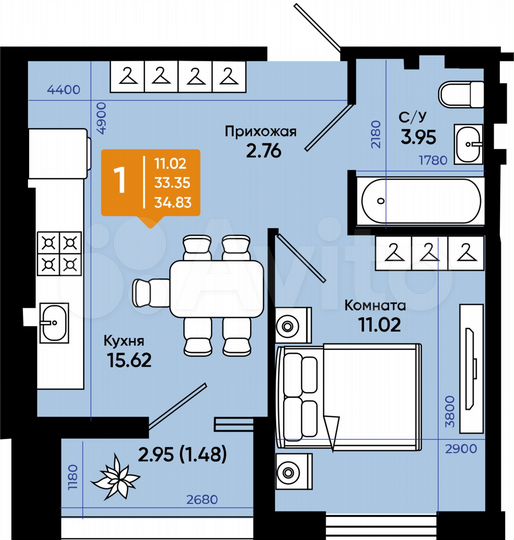 1-к. квартира, 34,8 м², 9/9 эт.