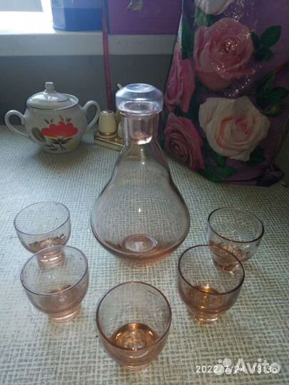 Набор графин и рюмки цветное стекло СССР