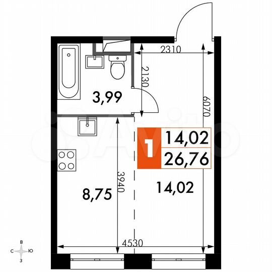 Квартира-студия, 26,8 м², 12/15 эт.