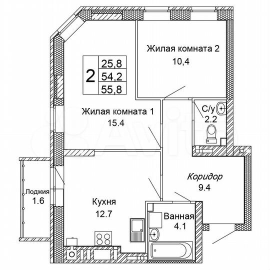 2-к. квартира, 55,8 м², 3/9 эт.