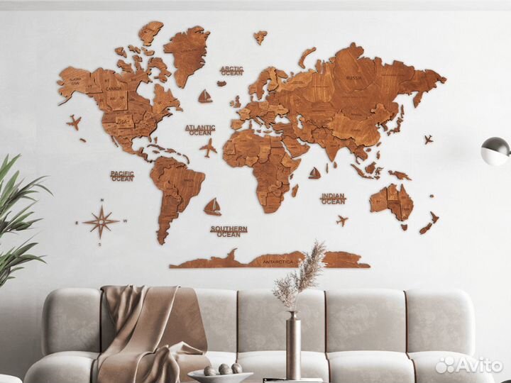 Деревянная карта мира на стену