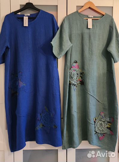 Новое Платье р.46-52 Италия Лен Синий Бирюз