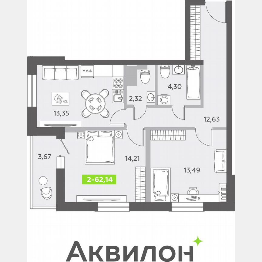 2-к. квартира, 62,6 м², 13/13 эт.